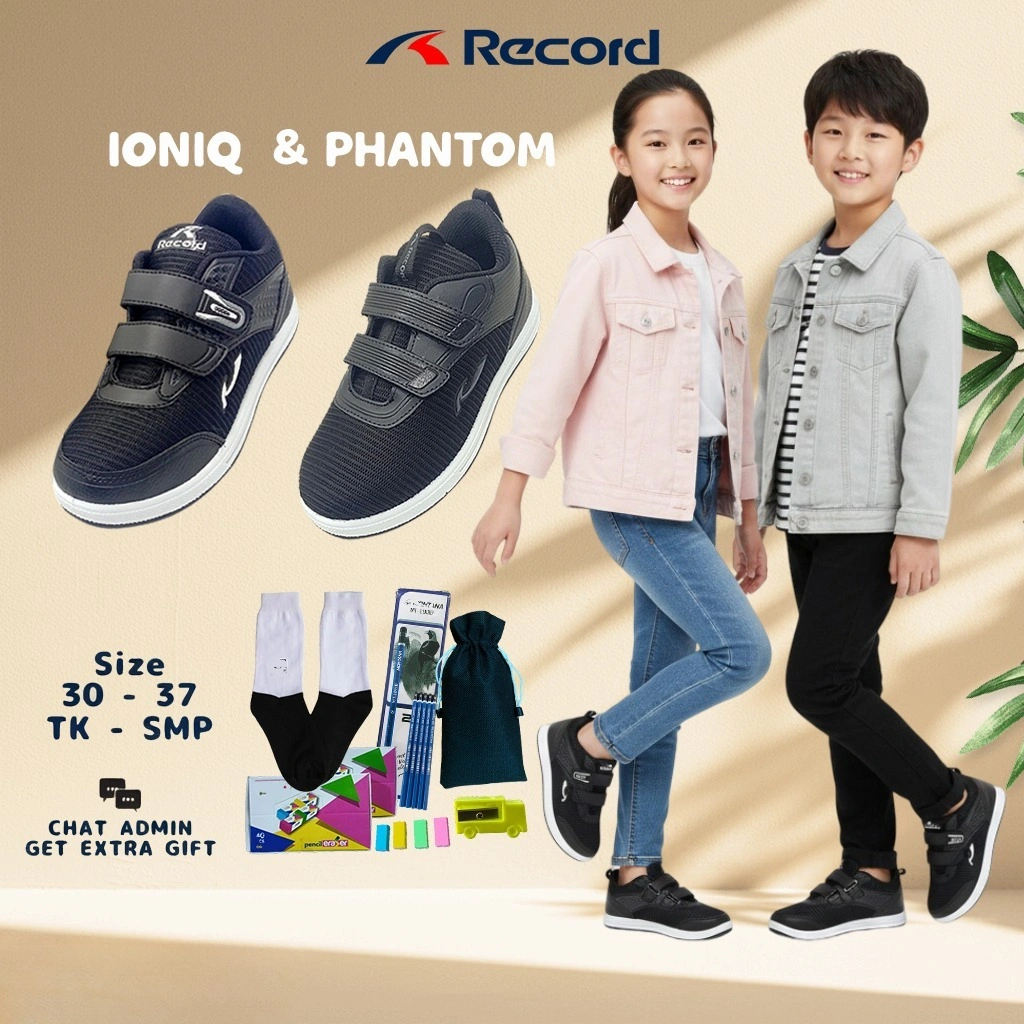 RECORD IONIQ SEPATU SEKOLAH ANAK TK SD SMP LAKI PEREMPUAN BLACK HITAM PUTIH  PEREKAT 30-37 4-13THN