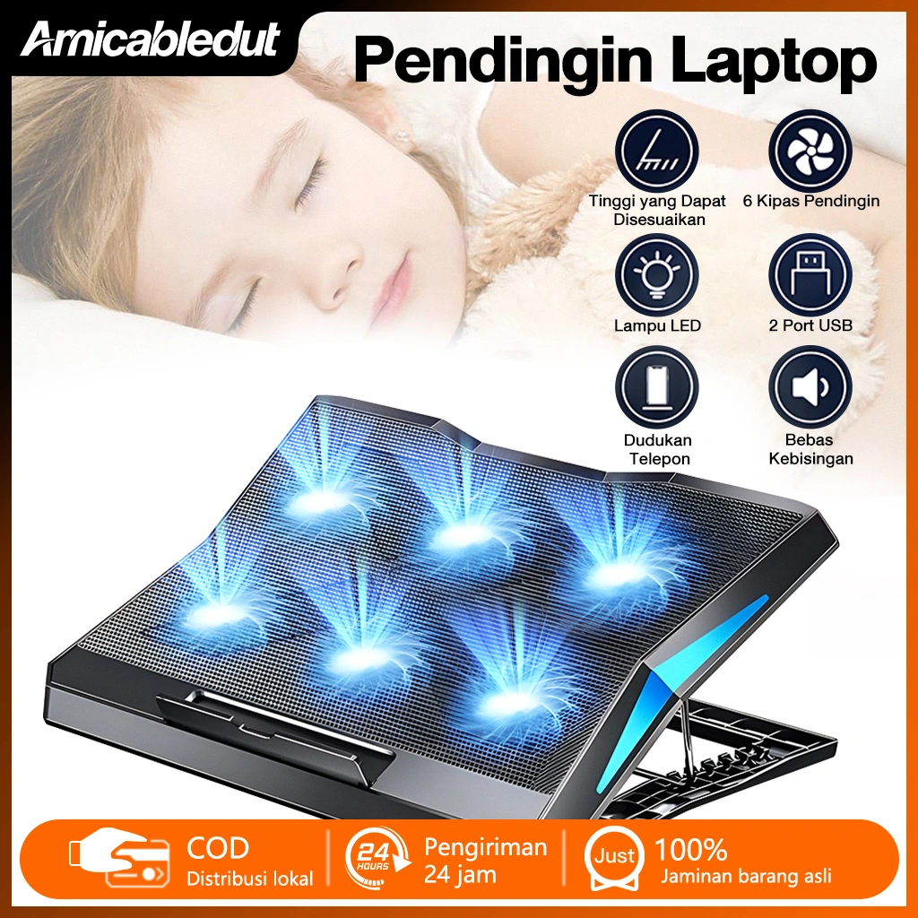 Ready & COD-Amicabledut Baru Cooling Pad Laptop Kipas Laptop Cooler Gaming Stand Alas Laptop Cooling Fan Pendingin Portable Mute Cooling Q3 With 6 Fan