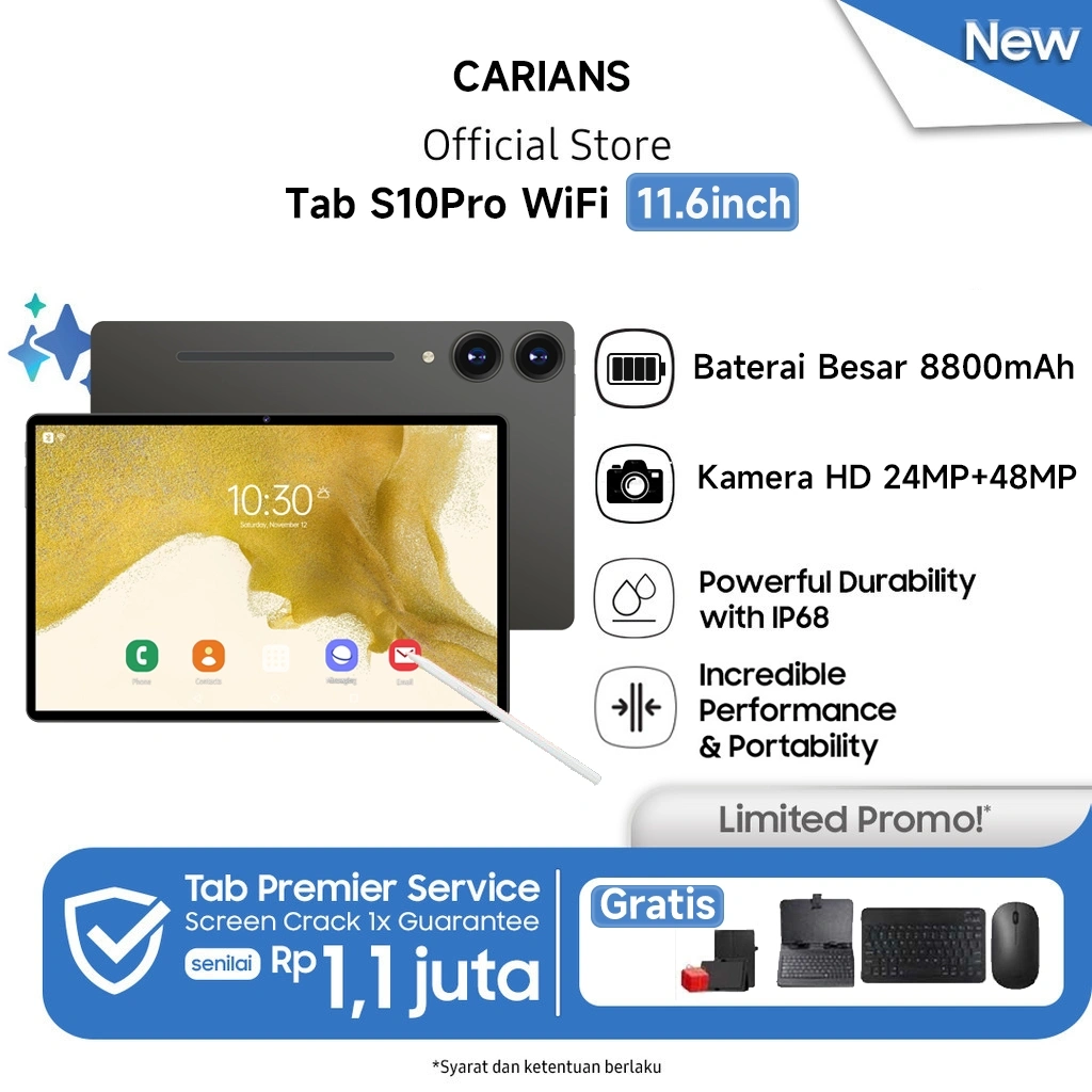 【Free Mouse Keyboard Case】Carians tablet android S10Pro(16GB + 1024GB) | IPS 12" | tablet murah untuk Belajar,Gaming, Kerja & Hiburan | 5G Dual SIM WiFi tablet anak android Kamera 64MP | Kapasitas baterai besar 12000 mAh [Carians Official Store]​