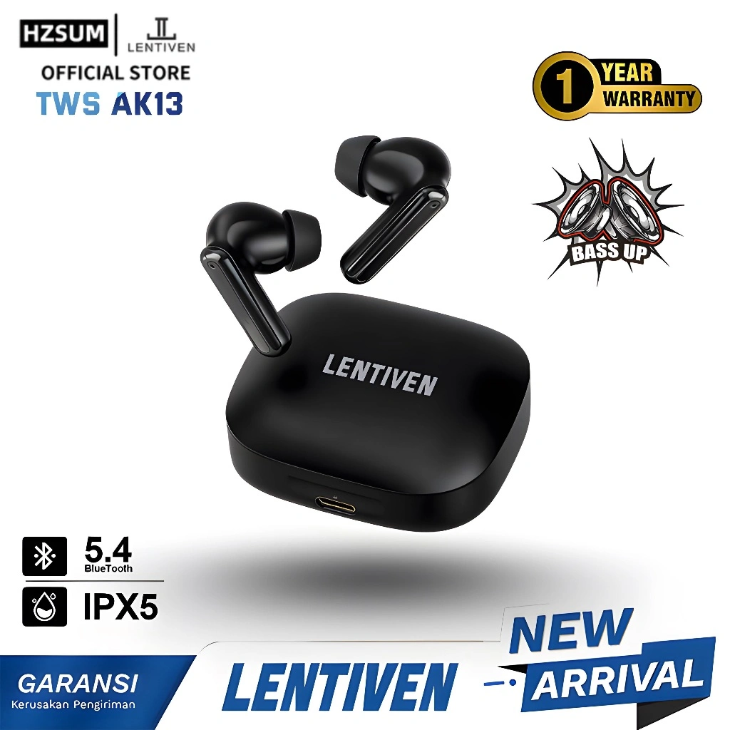 HZSUM LENTIVEN HEADSET Earbuds TWS Wireless Earphone Bluetooth 5.4 Hi-Res Audio IPX5 Garansi 1 Tahun AK13