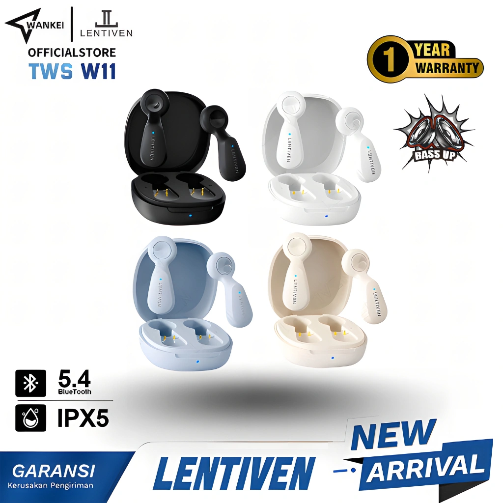 WANKEI LENTIVEN True Wireless Earphone Bluetooth 5.4 Mini Earbuds Headset IPX5 Bass Up Garansi 1 Tahun W11