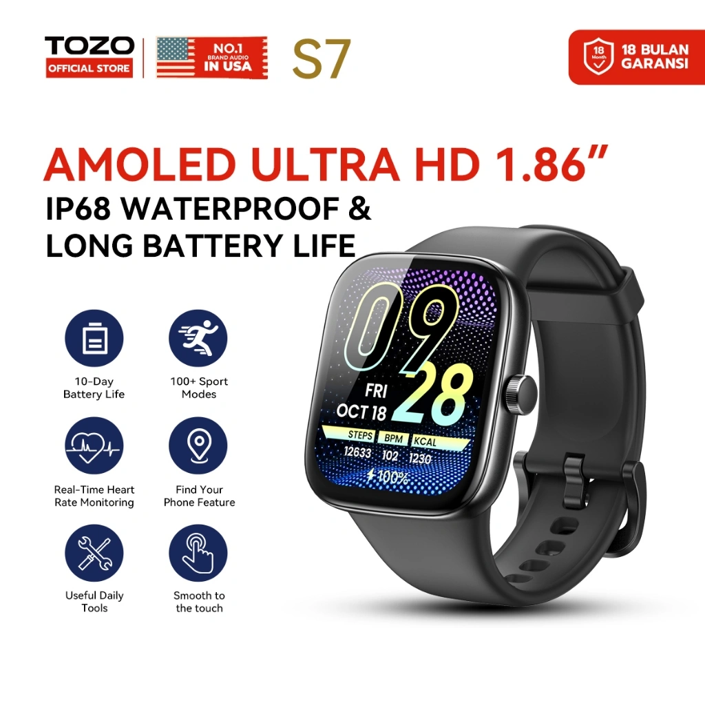 Tozo S7 Smartwatch AMOLED Ultra HD Layar Besar 1.86”, Bluetooth Call Telepon Langsung, 100+ Sport Mode, Heart Rate, SpO2, Sleep Monitor Lengkap, Fitness Tracker Premium, Waterproof IP68, Baterai Tahan 10 Hari, Notifikasi Pesan & Musik, Health Monitoring