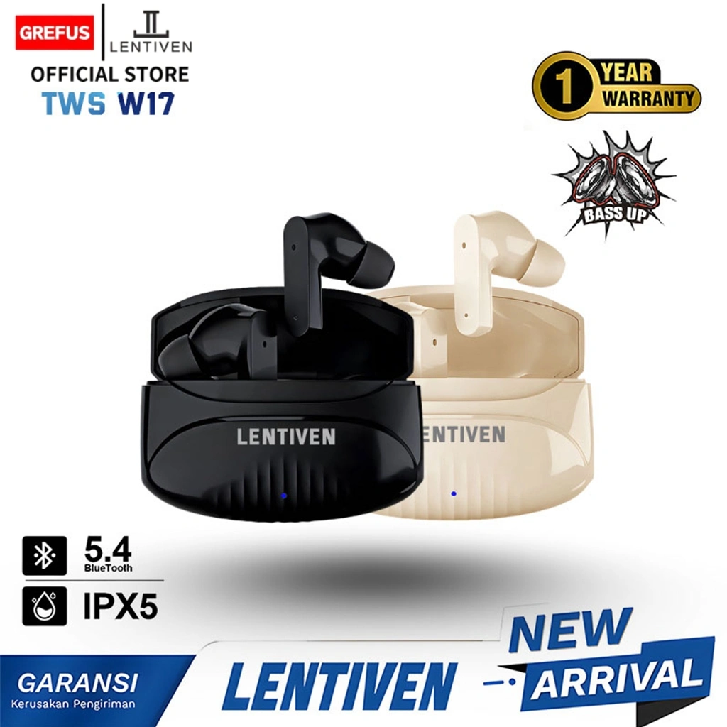 GREFUS LENTIVEN Earbuds TWS Wireless Earphone Bluetooth HEADSET 5.4 Hi-Res Audio IPX5 Garansi 1 Tahun W17
