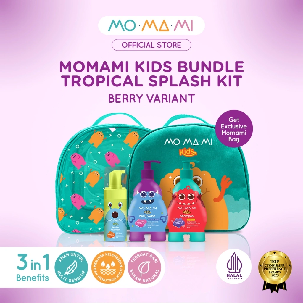 Momami Kids Bundle Tropical Splash Kit - Paket Sabun & Shampoo Wangi Buah Anak untuk Kulit Sensitif