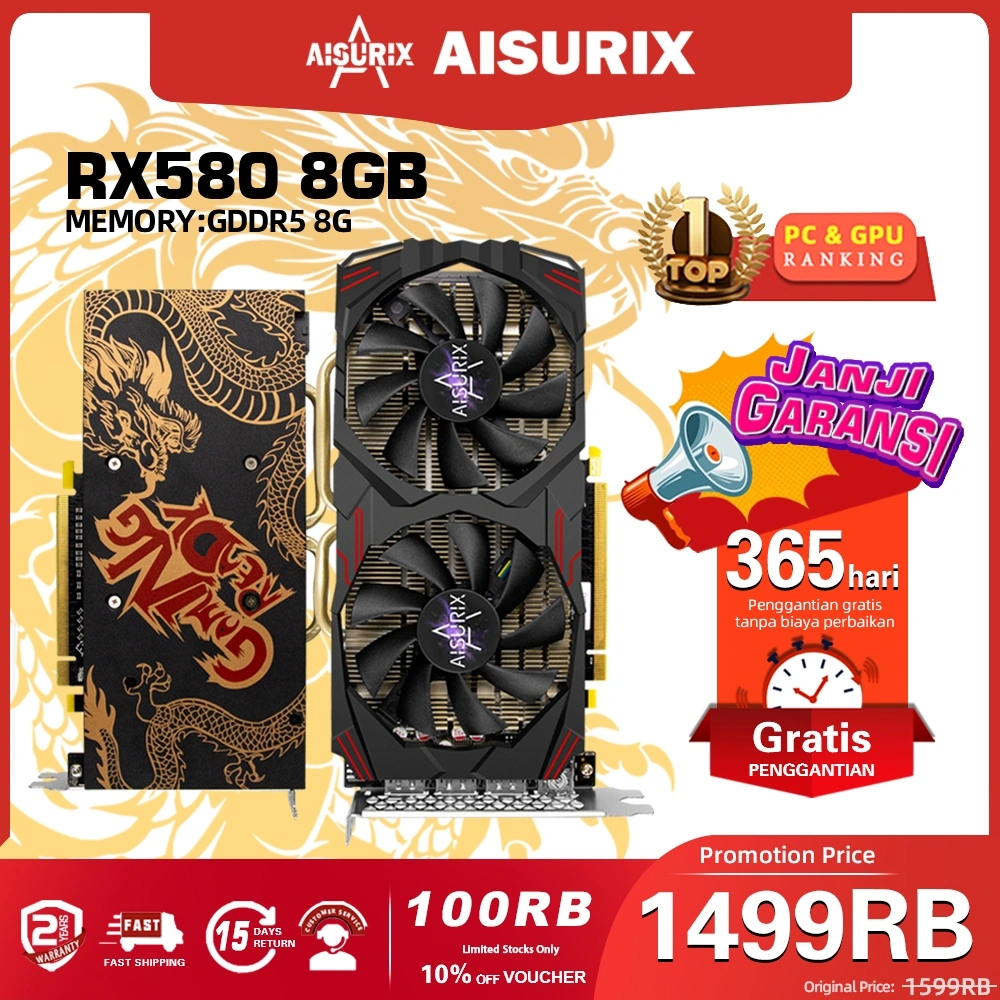 AISURIX VGA Card RX 580 8GB AMD DDR5 256Bit GPU Radeon Video Card