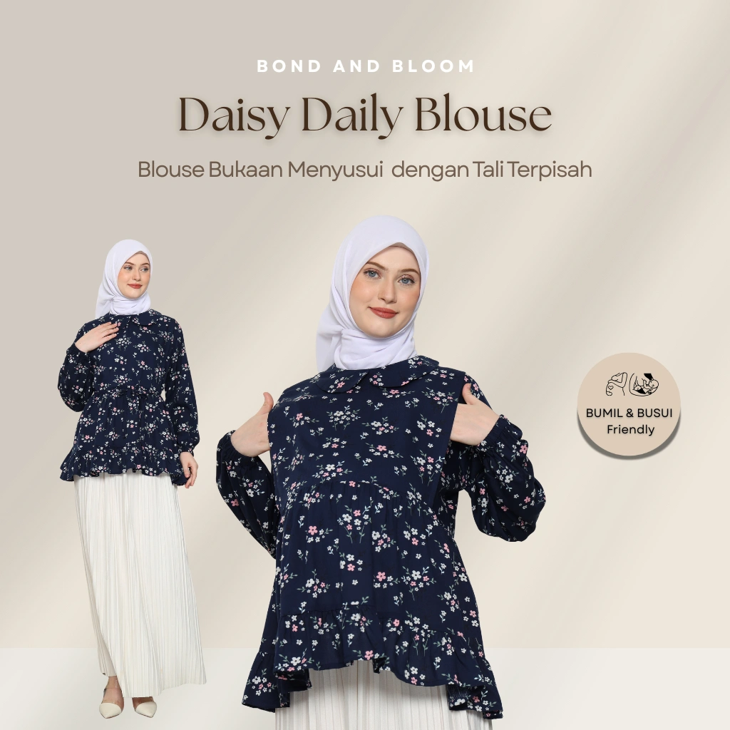 Bond and Bloom Daisy Navy Flower Blouse Hamil dan Menyusui Lengan Panjang Bukaan Samping