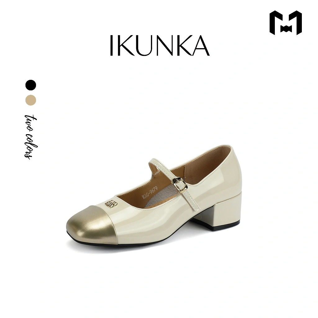 IKUNKA Mary Jane Shoes Sepatu WanitaKorean Style Sepatu Loafers Wanita EmasHitam Tinggi Heel 3CM