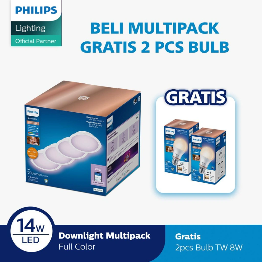 Beli Philips Lampu Smart WiFi LED Downlight Multipack 14W D150 Color RGB Dapat 2 SmartWifi 8W TW LEDBulb