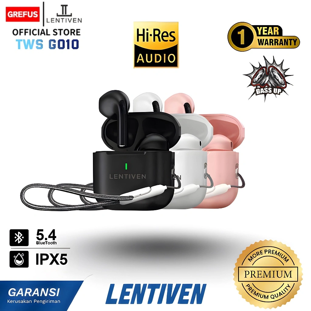GREFUS LENTIVEN Earbuds TWS Wireless Earphone Bluetooth 5.4 Hi-Res Audio IPX5 Garansi 1 Tahun G010