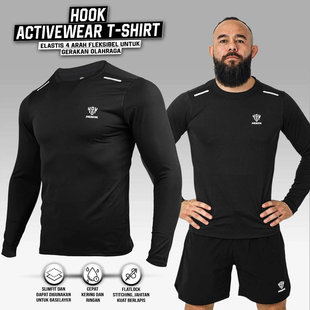 Hook Kaos Gym Pria Ketat Baju Olahraga Lengan Panjang Slimfit Baselayer T shirt Fitness Men Lari Atasan Jogging Sport Wear Man Running Tshirt activewear 04BLACK