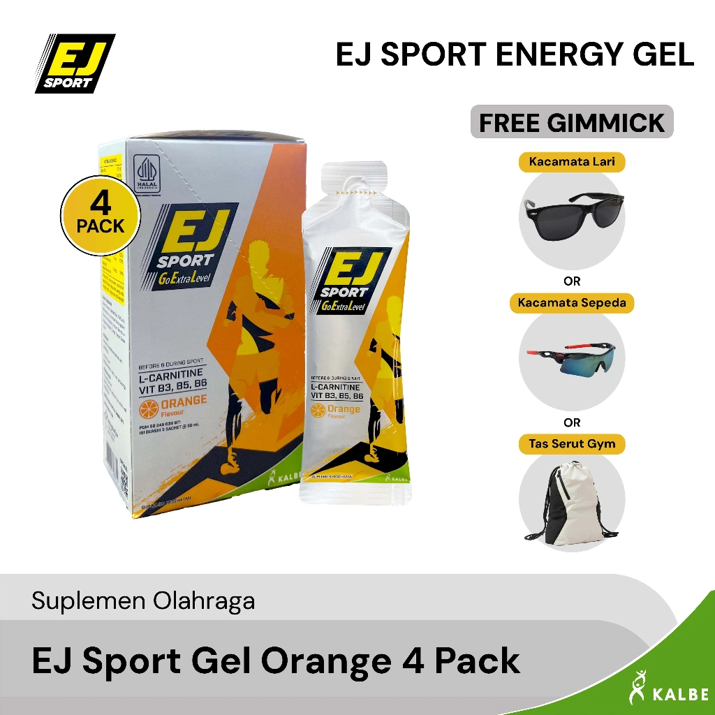 NEW! EJ Sport Orange Energy Gel - Isi 4 Pack + FREE Gift