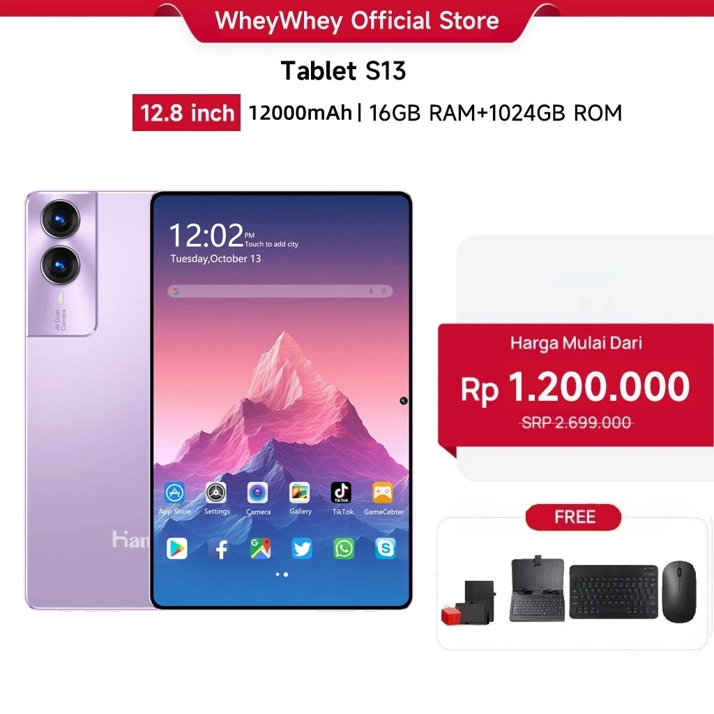 (Free Keyboard+Mouse+Case) WheyWhey tablet android S13 IPS 12.8"(16GB + 1024GB)Android15 | tablet murah untuk Belajar,Gaming, Kerja & Hiburan | 5G Dual SIM, WiFi tablet anak android, Kamera 64MP | Kapasitas baterai besar 12000 mAh