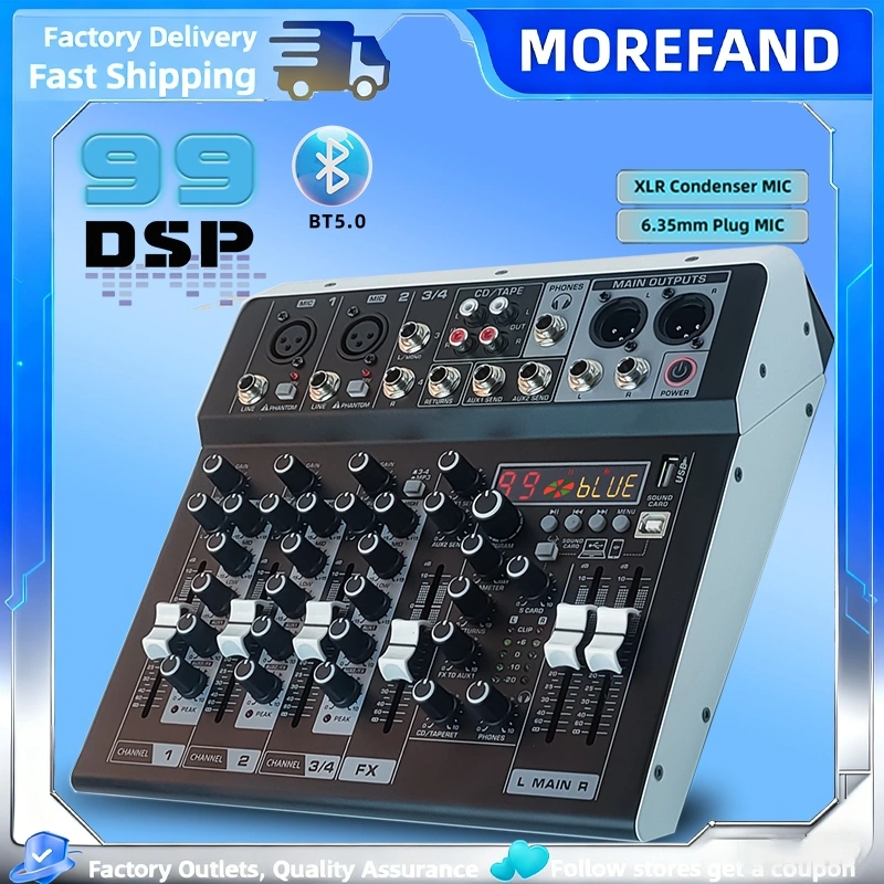 Mixer Profesional Panggung/KTV 4/6/8 Channel - 99 Efek Digital DSP + Equalizer Terpasang | Bluetooth 5.0 / Pemutaran MP3 / Perekaman | Daya 48V, Output Multi-Interface | Dilengkapi Efek DSP, Kompatibel dengan Power Amplifier | Mixer Tahap Performa, Sambun