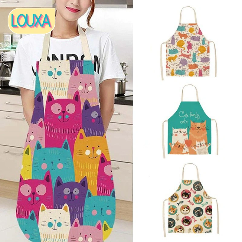 Celemek Masak Cooking Apron Canvas Linen - Retro Kitten