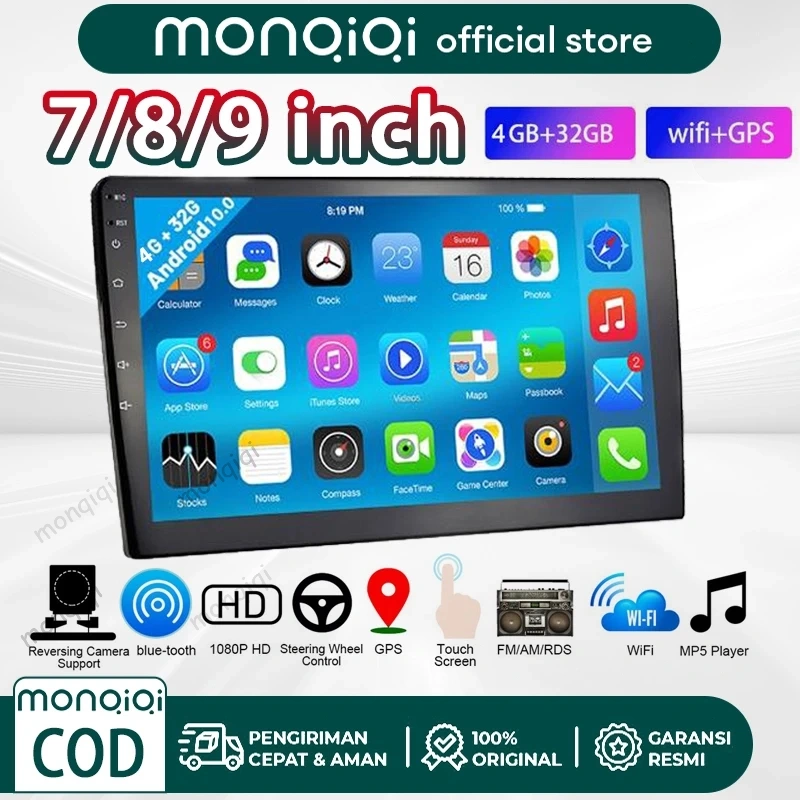 Monqiqi 4GB+32GB Universal Head Unit Android 7/9/10 Inch 12 Radio Stereo Mobil 4+32GB ROM Bluetooth WiFi GPS Navigasi Head Unit dengan Layar IPS Tampilan In Touch Screen Radio Dan Kamera Mundur