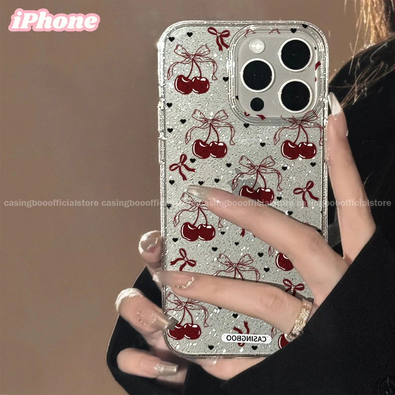 CASINGBOO - Transparent red bow cherry pattern glitter mobile phone case IPhone 11 12 13 14 15 PROMAX 14 15 PLUS X XS XR XSMAX 6+ 7+ 8+ Fashion Simple Transparent Glitter Phone Case