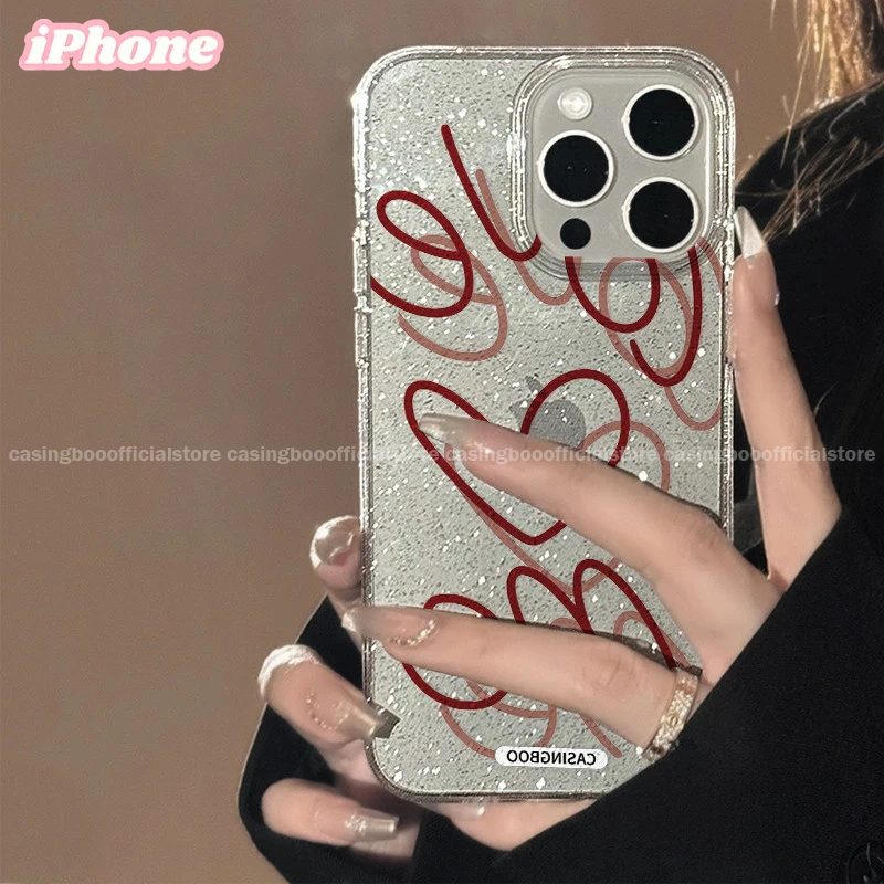 CASINGBOO - Transparent Artistic Red Line Heart Sticker Pattern Glitter Phone Case IPhone 11 12 13 14 15 PROMAX 14 15 PLUS X XS XR XSMAX 6+ 7+ 8+ Fashion Simple Transparent Glitter Phone Case