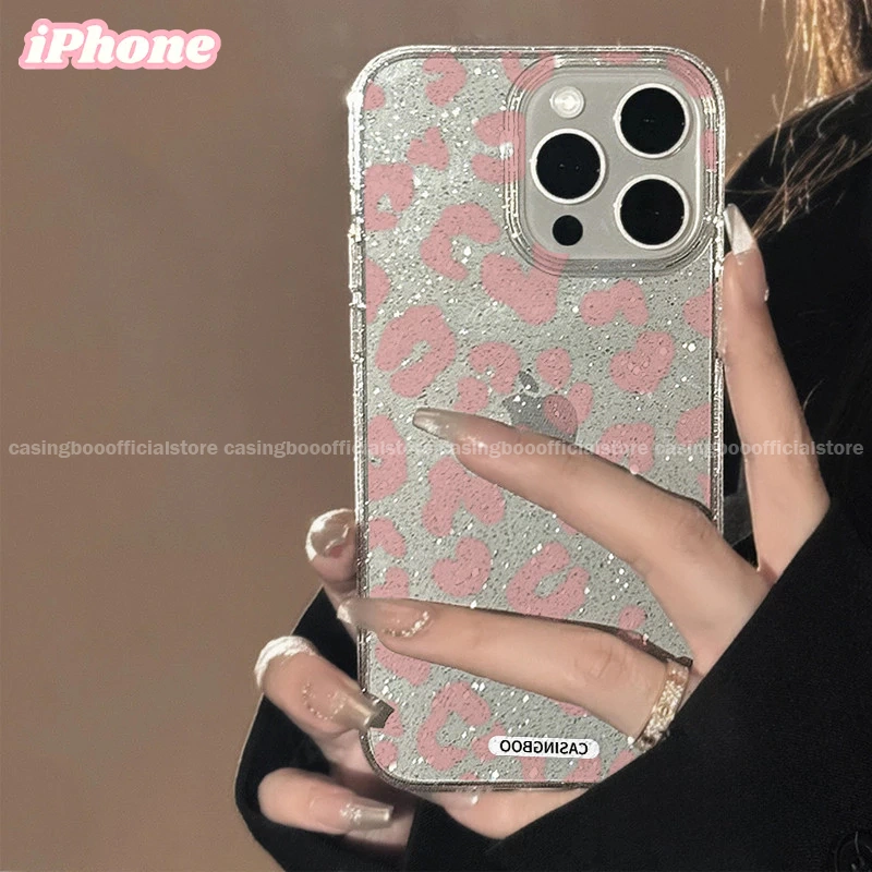 CASINGBOO - Transparent pink leopard pattern glitter phone case IPhone 11 12 13 14 15 PROMAX 14 15 PLUS X XS XR XSMAX 6+ 7+ 8+ Fashion Simple Transparent Glitter Phone Case