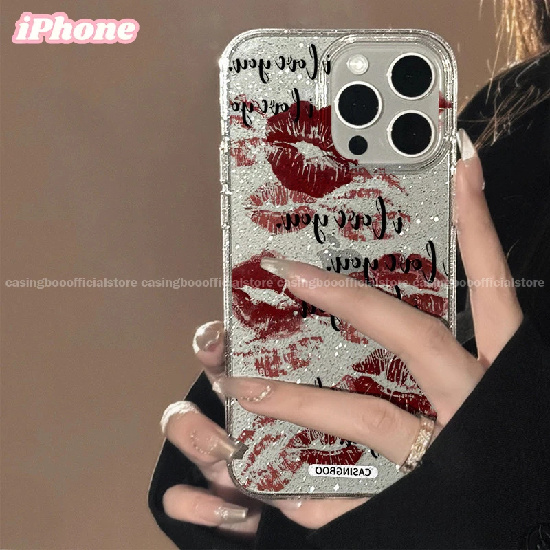 CASINGBOO - Transparent red English lips pattern glitter phone case IPhone 11 12 13 14 15 PROMAX 14 15 PLUS X XS XR XSMAX 6+ 7+ 8+ Fashion Simple Transparent Glitter Phone Case