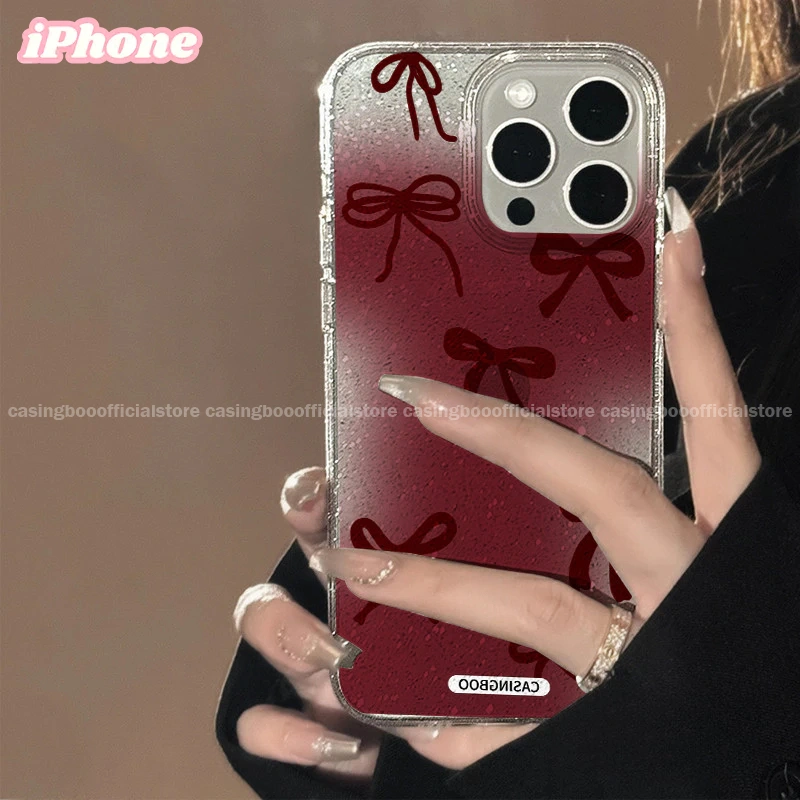 CASINGBOO - Transparent Artistic Red Gradient Bowknot Pattern Glitter Phone Case IPhone 11 12 13 14 15 PROMAX 14 15 PLUS X XS XR XSMAX 6+ 7+ 8+ Fashion Simple Transparent Glitter Phone Case