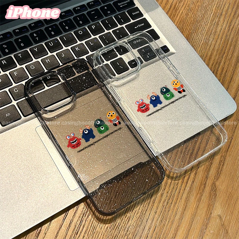 CASINGBOO - Transparent Cartoon Colorful Monster Sticker Pattern Glitter Phone Case for iPhone 11 12 13 14 15 PROMAX 14 15 PLUS X XS XR XSMAX 6+ 7+ 8+ Stylish and Simple Transparent Glitter Phone Case