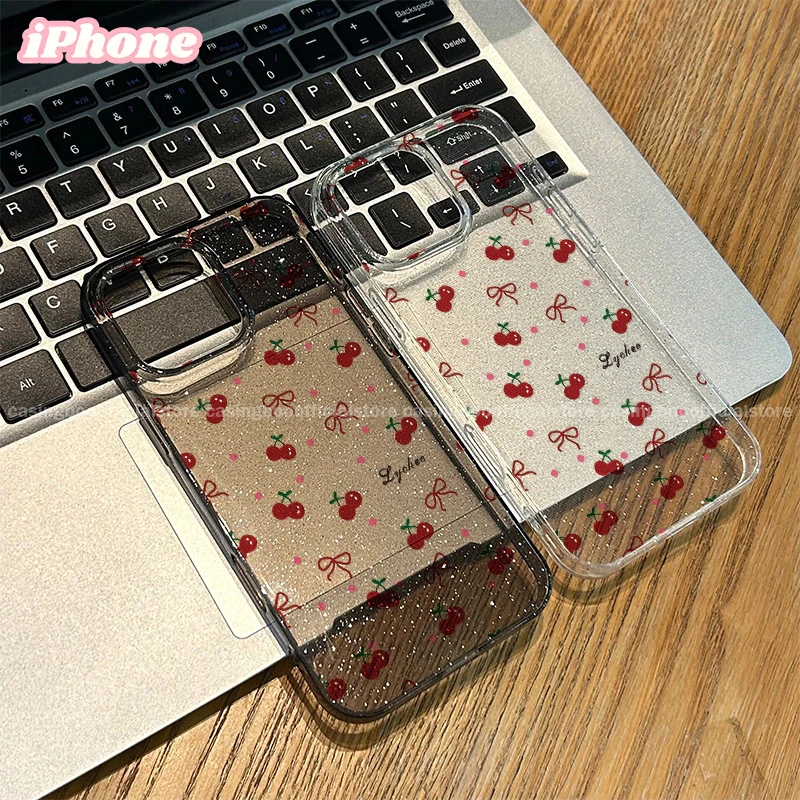 CASINGBOO - Transparent Artistic Red Cherry Heart Sticker Pattern Glitter Phone Case for iPhone 11 12 13 14 15 PROMAX 14 15 PLUS X XS XR XSMAX 6+ 7+ 8+ Fashionable and Simple Transparent Glitter Phone Case