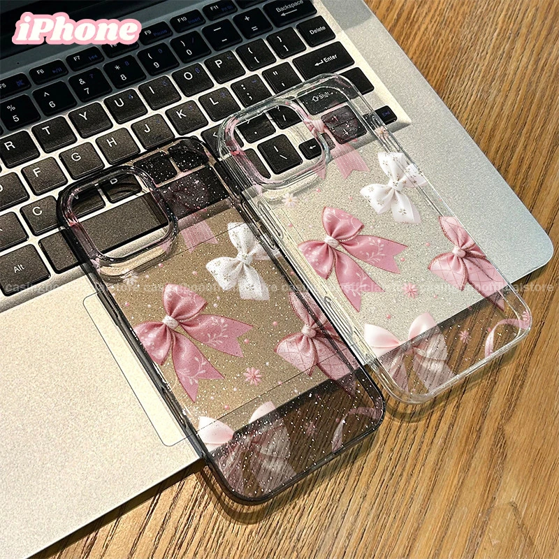 CASINGBOO - Transparent Artistic Pink Bow Sticker Pattern Glitter Phone Case for iPhone 11 12 13 14 15 PROMAX 14 15 PLUS X XS XR XSMAX 6+ 7+ 8+ Fashionable and Simple Transparent Glitter Phone Case