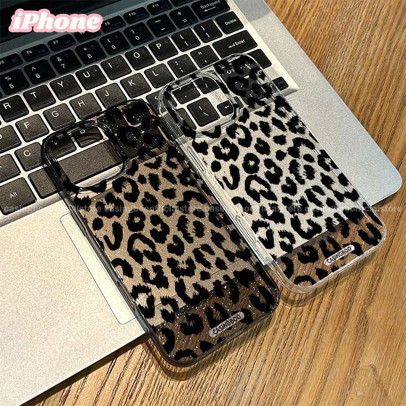 CASINGBOO - Transparent Artistic Black Leopard Sticker Pattern Glitter Phone Case for iPhone 11 12 13 14 15 PROMAX 14 15 PLUS X XS XR XSMAX 6+ 7+ 8+ Fashionable and Simple Transparent Glitter Phone Case