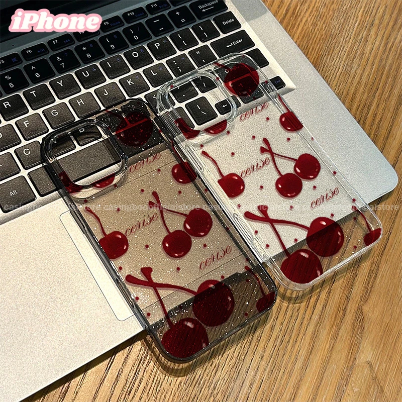CASINGBOO - Transparent Artistic Red Cherry Sticker Pattern Glitter Phone Case for iPhone 11 12 13 14 15 PROMAX 14 15 PLUS X XS XR XSMAX 6+ 7+ 8+ Fashionable and Simple Transparent Glitter Phone Case