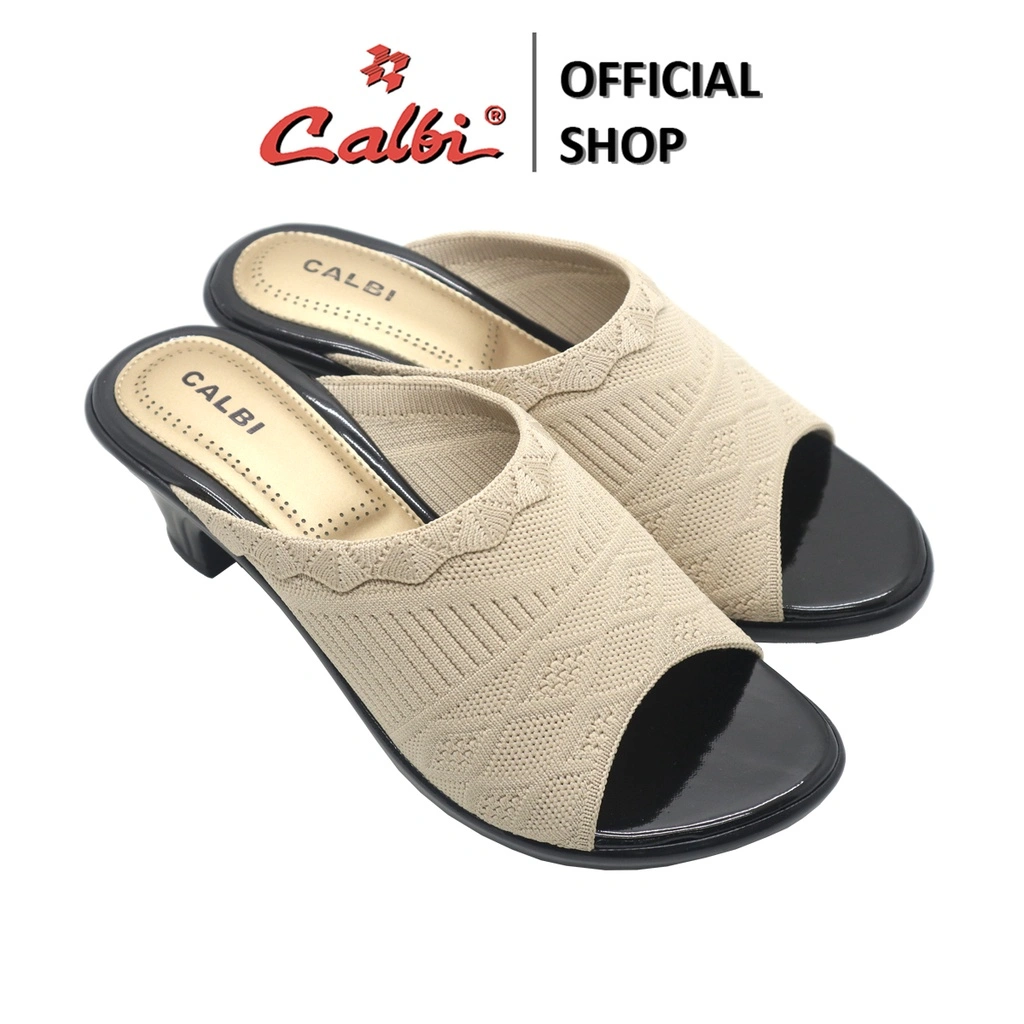 [Sisa Krem size 36] CALBI CR 1937 Sandal High Heels 6cm Selop Motif Rajut Kantoran Fashion
