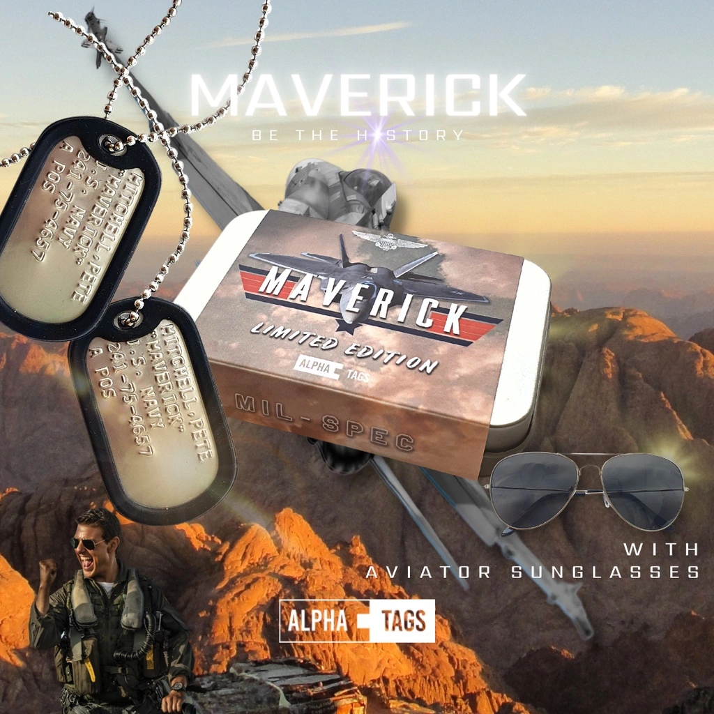 ALPHA TAGS Maverick Top Gun Edition | Kalung Tentara | Dogtags | Bonus Kacamata Aviator