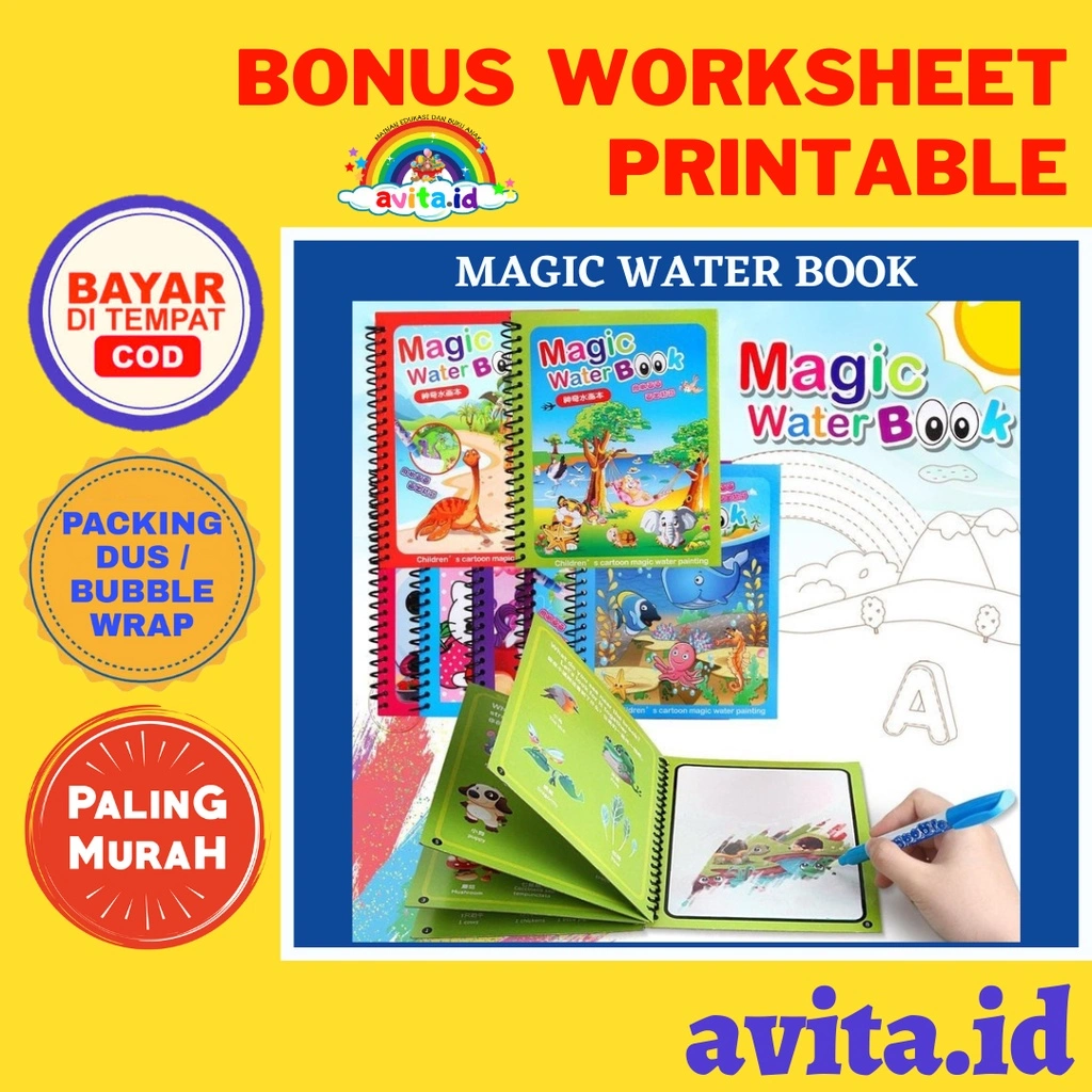 avita.id MAGIC WATER BOOK - BUKU GAMBAR MEWARNAI ANAK - PULPEN TINTA AIR PUTIH - MAINAN KREATIF ANAK
