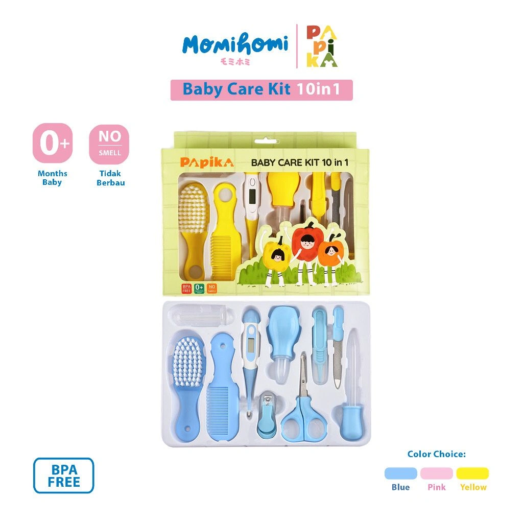 (SILIKON LEBIH TEBAL) MOMI HOMI AUTHORIZED Papika Baby Care Kit Set 10 in 1 Set Perlengkapan / Peralatan / Alat Perawatan Bayi Set 10in1 Sisir Baby Gift Gunting Kuku Pemotong Kuku Baby Nail Bayi Kado Lahiran Grooming Baby Health Care Thermometer