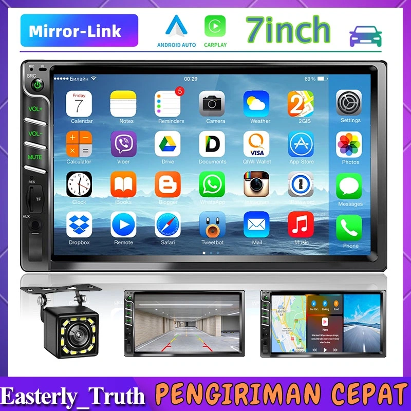 (Stok Siap) 7010B /7018 Head Unit Double Din 7 Inch Bluetooth Audio TV Mobil Car MP3 MP5 Player Mirrorlink Touch Screen Radio Audio Mobil Dan Kamera 7031 7010B Navigasi GPS