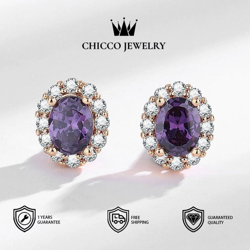 Anting Zirkon Ungu Oval Desain Gaya Prancis Anting Gaya Kerajaan Fashion Retro Mudah Dipadukan Aksesori Telinga Wanita.CHICCO JEWELRY anti luntur anti perubahan warna garansi 1 tahun COD 122