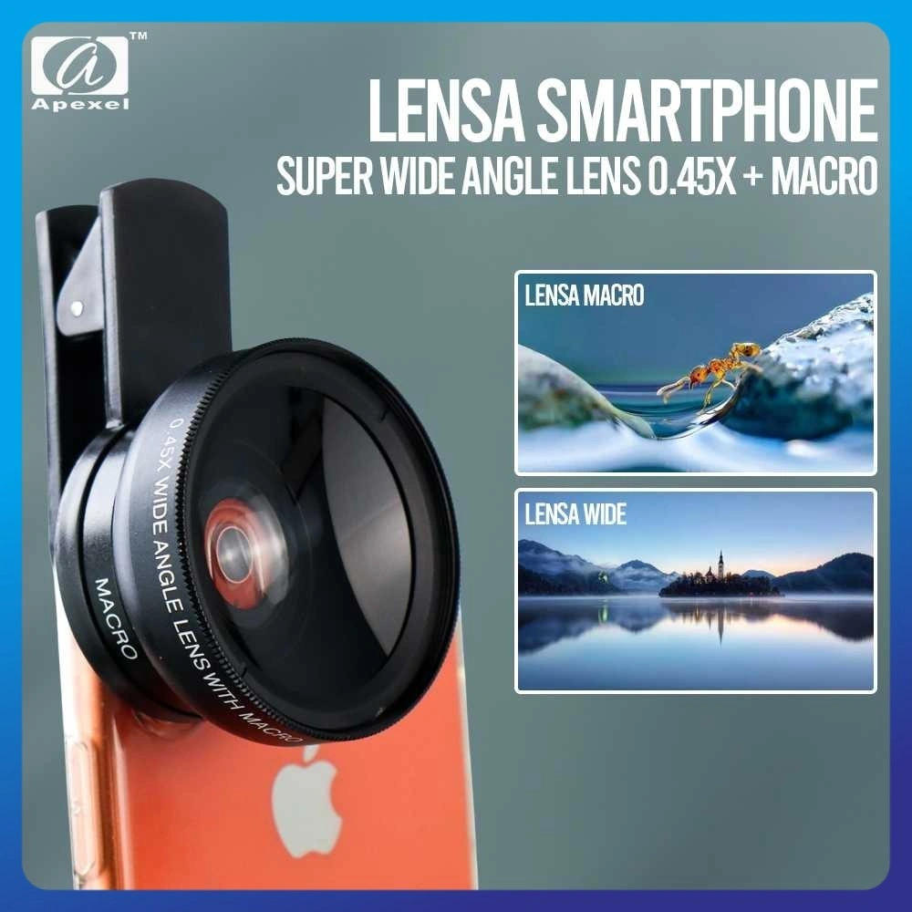 Lensa Kamera Hp Apexel Lensa Super Wide Angle Lens 0.45X + Macro Smartphone - APL-0.45WM