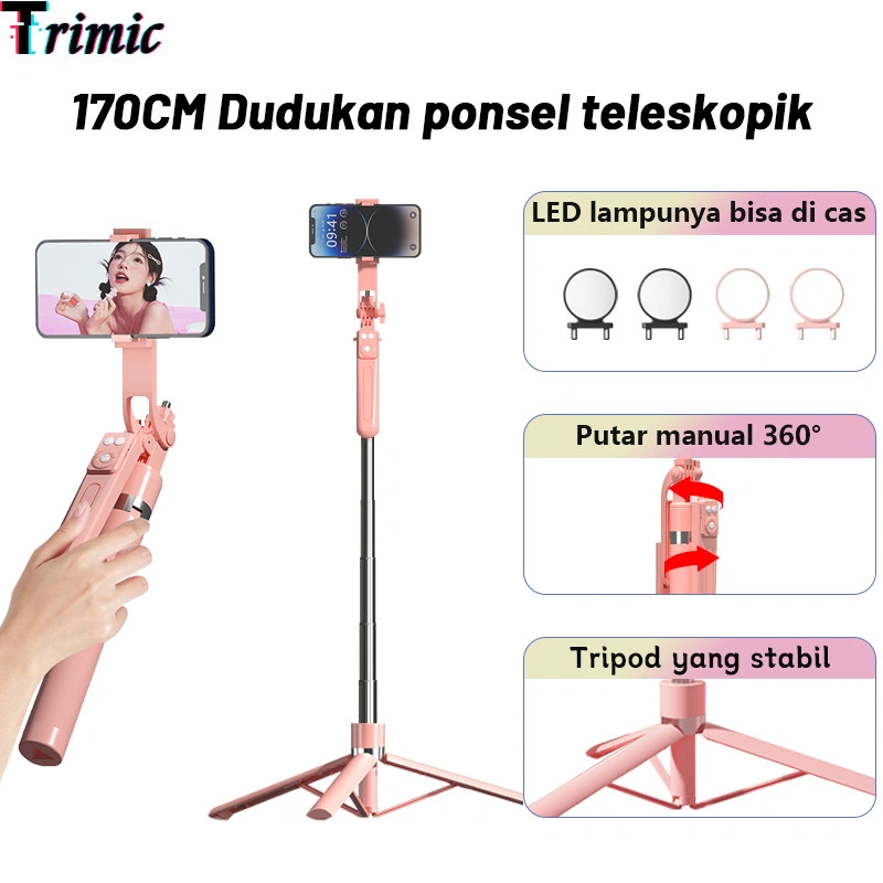 Trimic 170CM Selfie Stick Tripod Tongsis HP Kamera DSLR Tongsis HP Holder 7 Tombol Remote Control Bluetooth Dengan 1/4 Adaptor Tongkat Selfie Portable Lampu LED