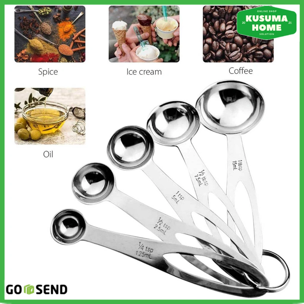 Set Sendok Ukur Bahan Kue Stainless Anti Karat Peralatan Masak Dapur Akurat Praktis 5 PCS Takaran Cairan Bubuk Bumbu Kering