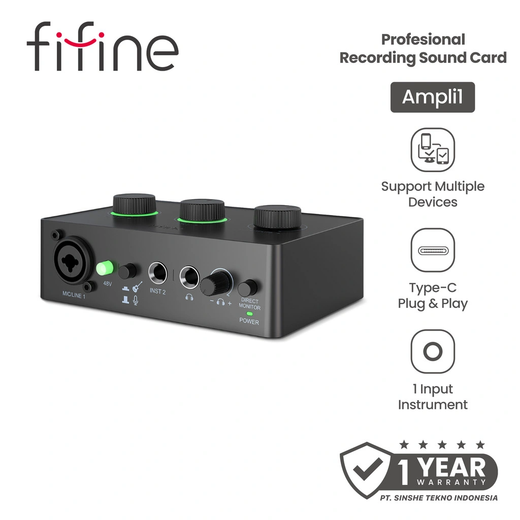 FIFINE Ampli 1 Sound Card USB XLR – 48V Phantom Power, Podcast, Rekaman, Gitar