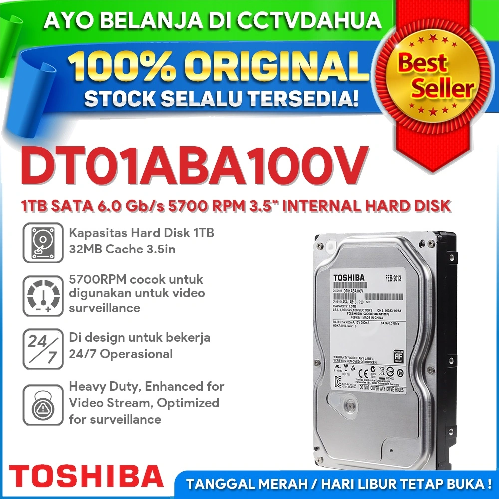 TOSHIBA DT01ABA100V 1TB SATA 6.0 GB/S 5700 RPM 3.5" INTERNAL HARD DISK