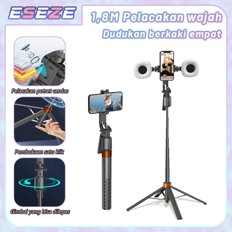 Eseze Q13 Portable 360°Rotation Auto Face Tracking Gimbal Stabilizer+1.8m 4 Kaki Tripod Kit Kamera DLSR Gimbal Stabilizer Bluetooth Remote Dengan 1/4 Adaptor For Konten Kreator
