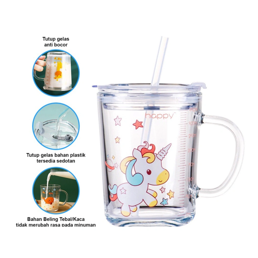Gelas Minum Anak Anti Tumpah Zamzam E421 Gelas Mug Bening Karakter Hewan lucu Free Sedotan Keren