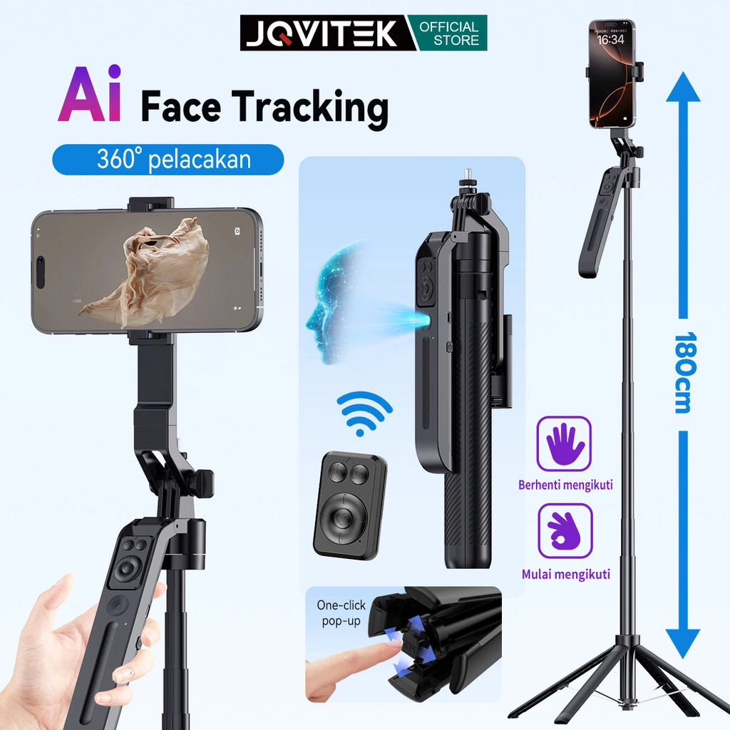 JQVITEK Gimbal Tripod AI Face Tracking Remote Bluetooth 180cm Kamera Pelacak Wajah Pintar Hand Stabilizier 4 Kaki Kokoh Tongsis GS12