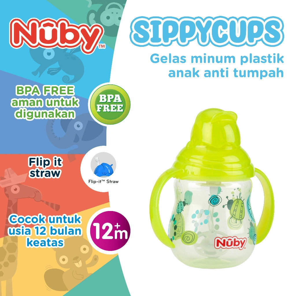 Nuby Active Sipeez 360 Flip N Sip Twin Handle (Green Bee) | Gelas Minum Anak dengan Sedotan 360° | BPA Free | Usia 12+ Bulan | 270 ml