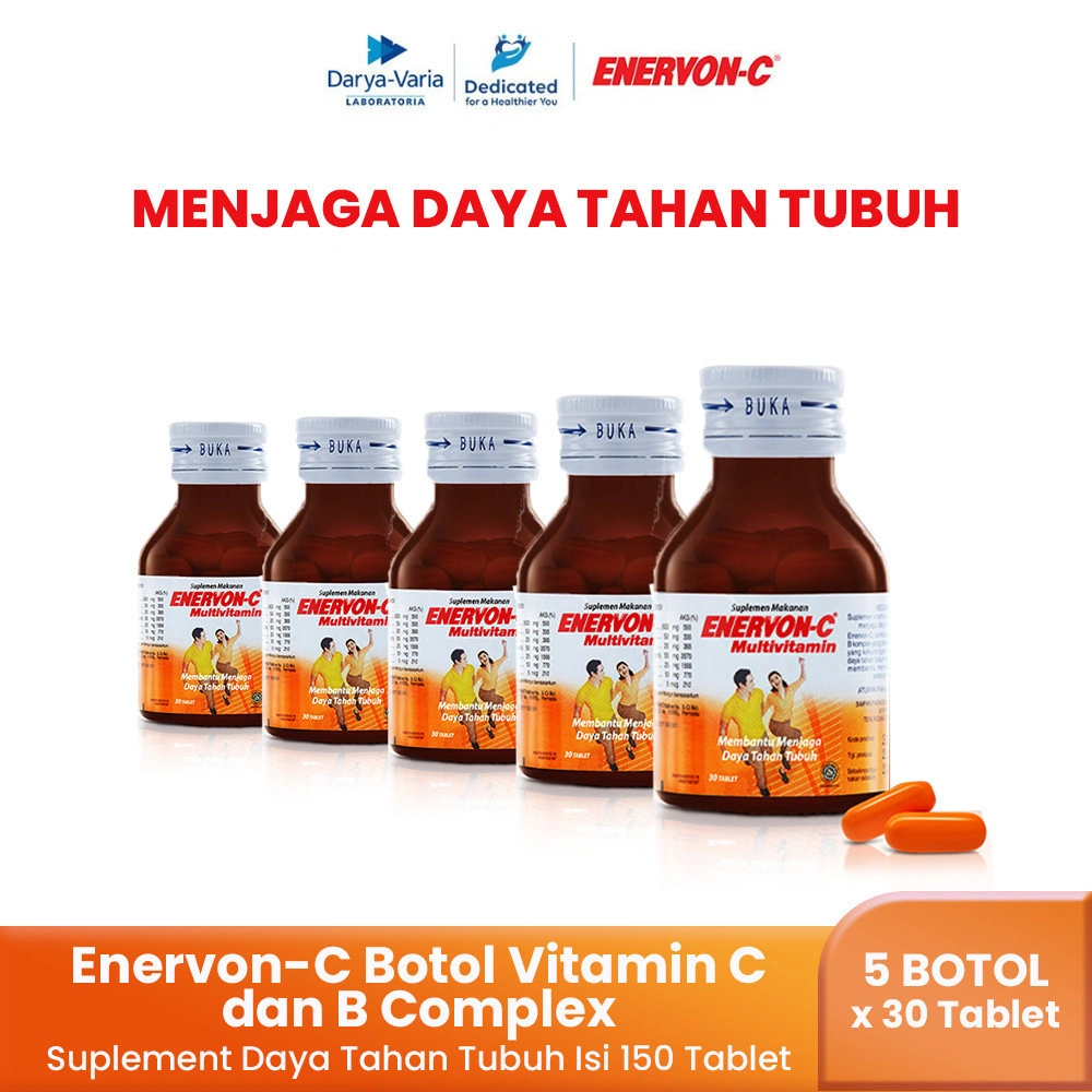 Enervon-C Vitamin C dan B Complex Isi 150 Tablet (5 Botol x 30 Tablet) - Suplemen Multivitamin untuk Kesehatan dan Daya Tahan Tubuh