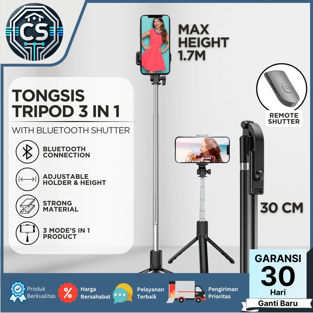 Tongsis Tripod Bluetooth 3 in 1 Remote Control 1.7M Selfie Stick Action Camera