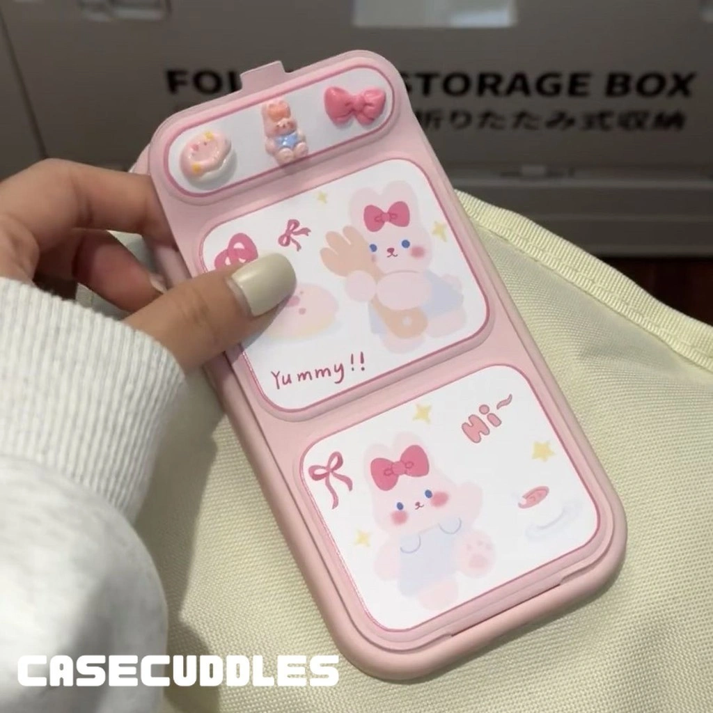 [CASECUDDLES] Pink Bunny Standing Case - Softcase / Casing HP for iPhone 11 12 13 14 15 PRO PROMAX | Casing Pita | Coquette Case | Pink Ribbon | Foldable Case | Folding Stand Case | Folding Case | Bunny Case