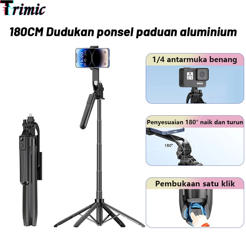 Trimic 180CM Tongsis Tripod Selfie Stick 4 Kaki Tripod Aluminium Tongsis Bluetooth Remote untuk HP Kamera DSLR Hand Stabilizer Dengan 1/4 Adaptor