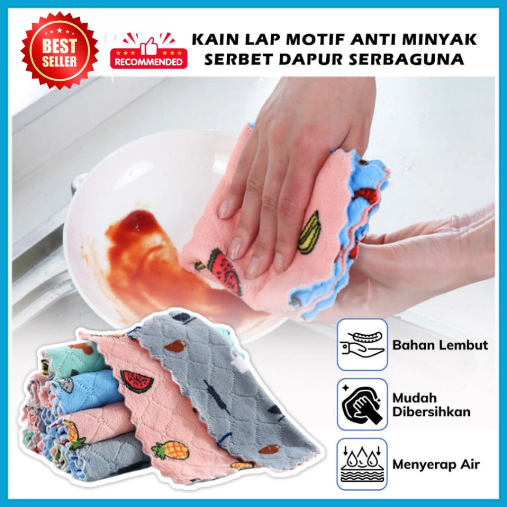 [DARU] Kain Lap Dapur Motif Anti Minyak 26X23cm Microfiber / Lap Pembersih Kompor Meja Piring Gelas Dinding / Dish Towel Super Halus