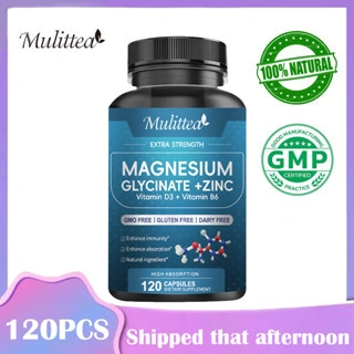 Mulittea Magnesium Glycinate 500mg Capsules with Zinc Vitamin D3 & B6 - Promotes Nerve, Bowel, Relaxation Function Vegan Capsules 120pcs for Women & Men